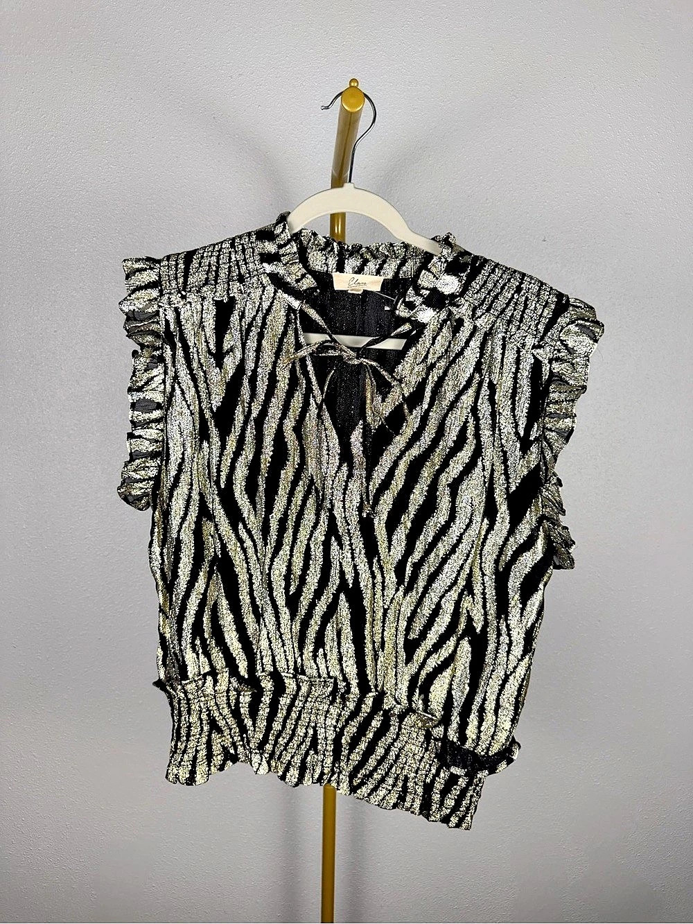 Elan Metallic Zebra Print Smocked Ruffle Sleeve Blouse Size Large